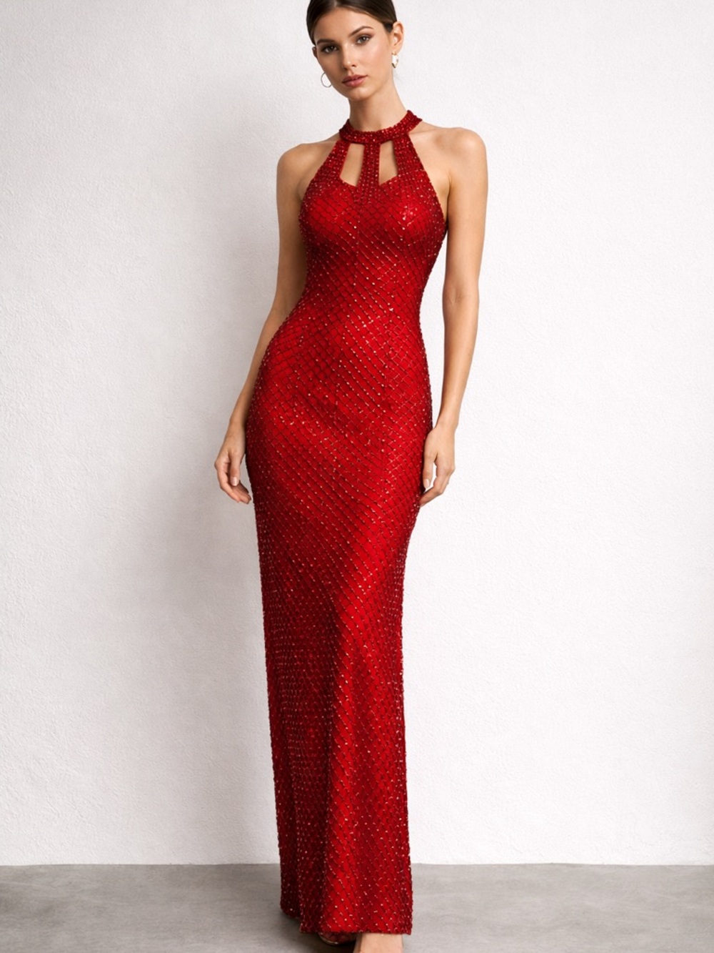 Vintage Y2K Red Silk Beaded Halter Dress Zenith Fashions 1920s Revival Glam 6/XS
